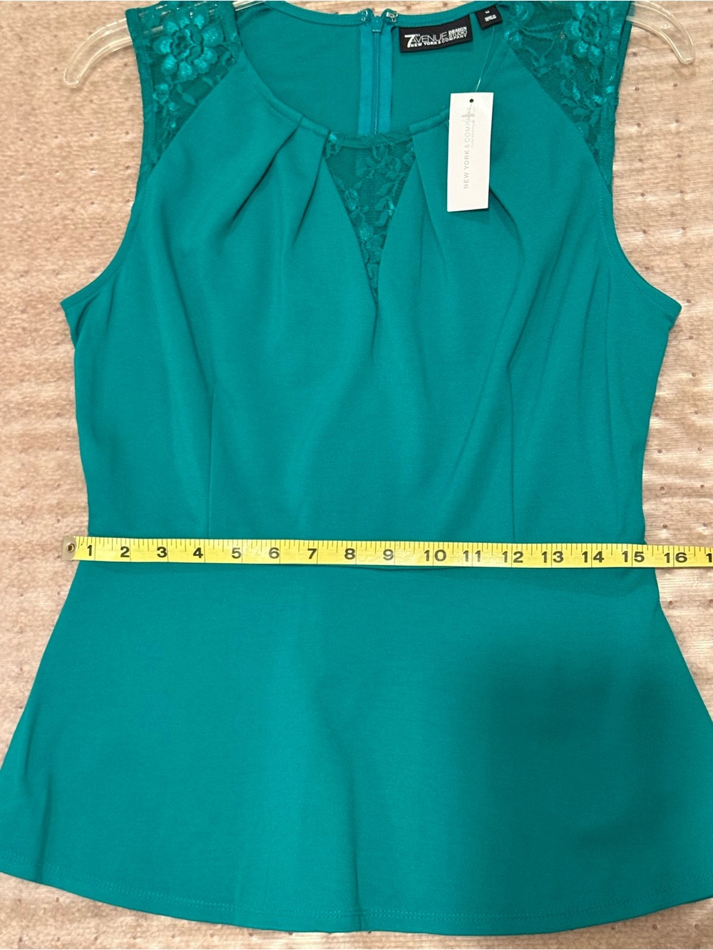 New York and Company Teal Lace-Shoulder Peplum Top - Picture 14 of 17